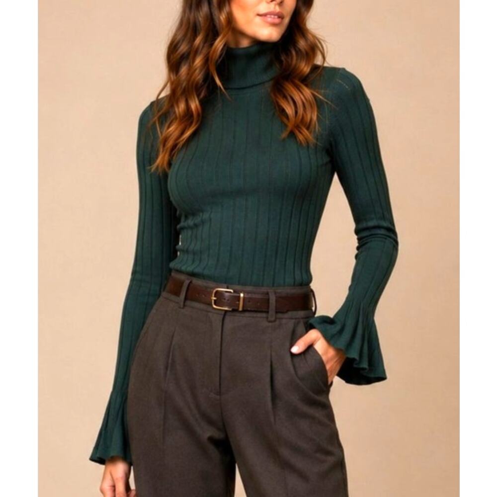 Keepsake the Label Poet Sleeve Turtleneck Sweater Women XS Green Academia Preppy